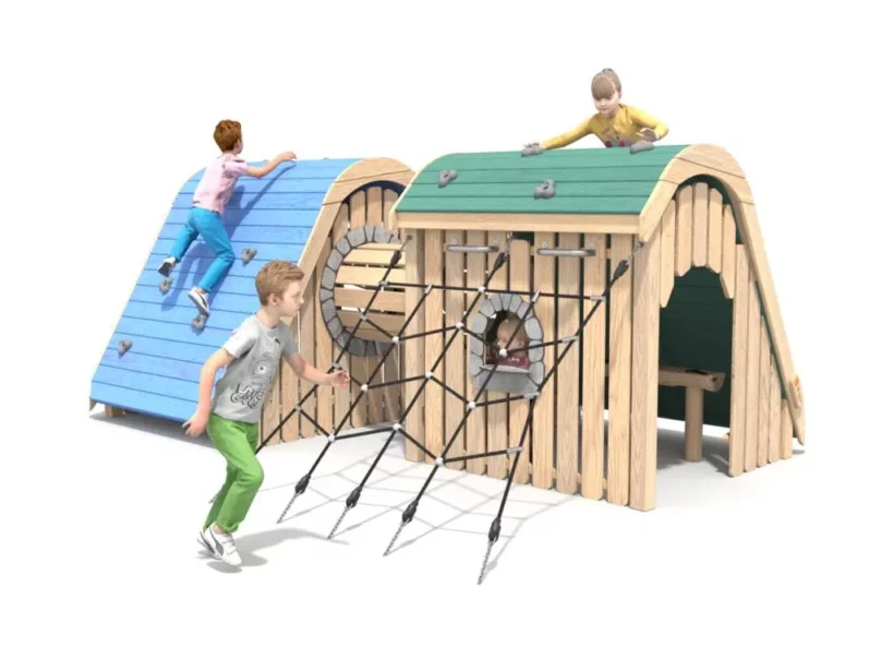 Maisonnette Bois et Bleus et verts + grimpe et tunnel